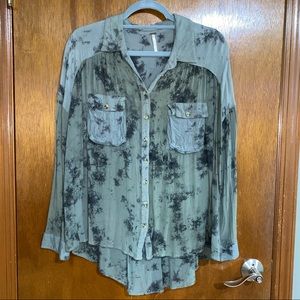 Free People Olive Green & Black Tie Dye Button Up